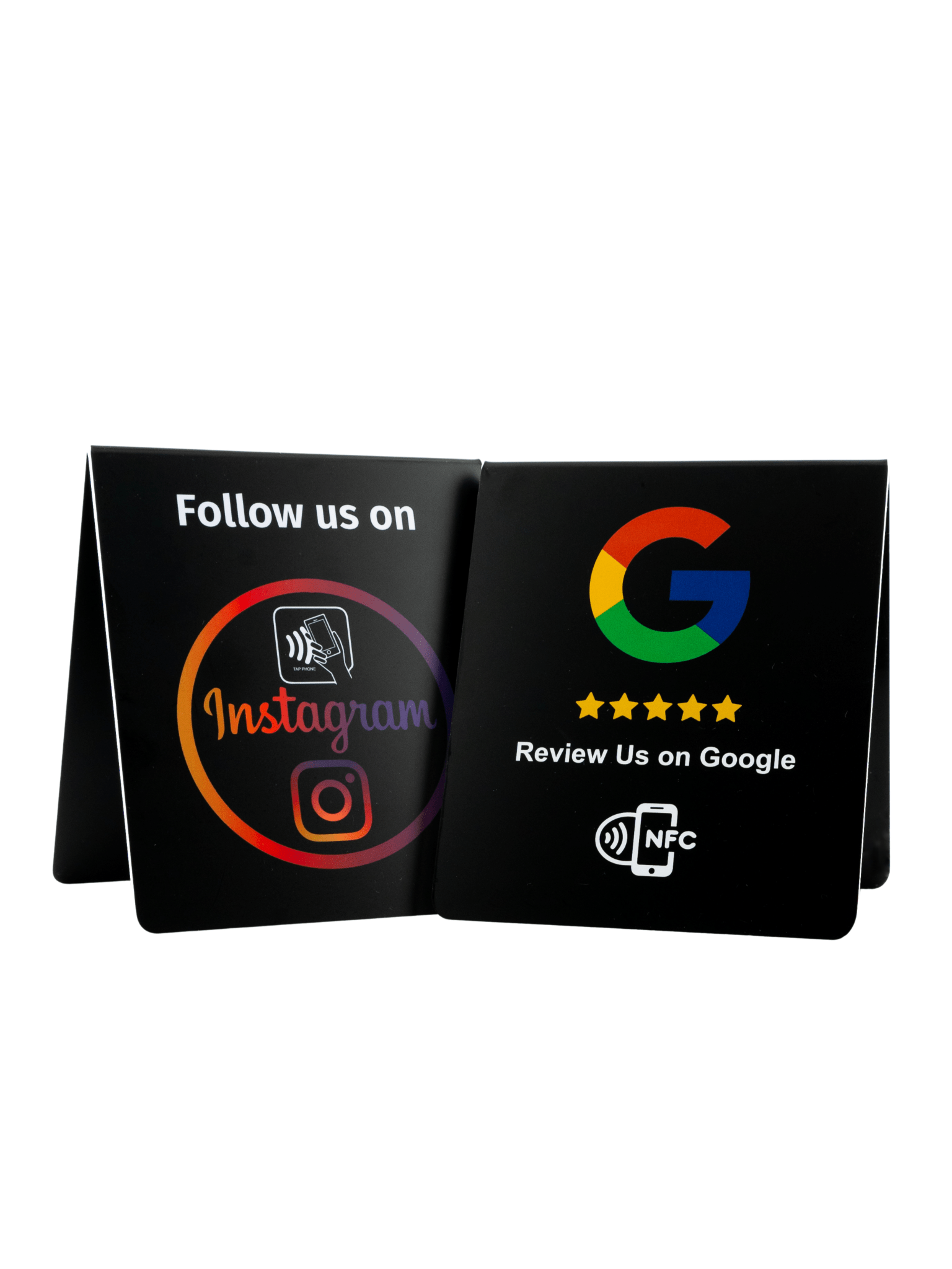 Doppelseitiger NFC - Aufsteller für mehr Google Bewertungen und Instagram - Follower - Custom Ratings